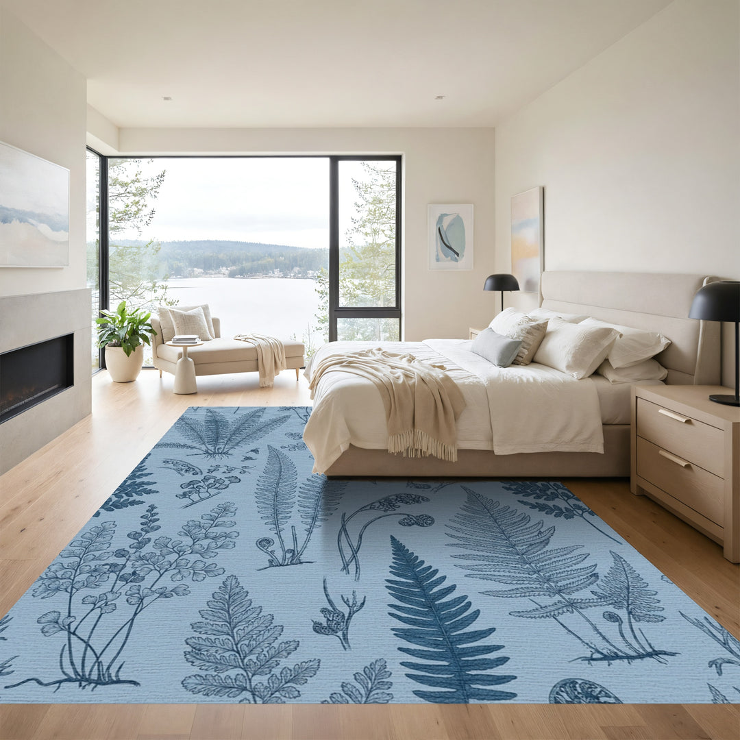 Vintage Blue Fern Botanical Illustration Rug