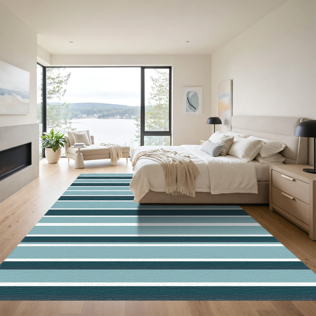 Contemporary Teal Horizontal Stripe Rug
