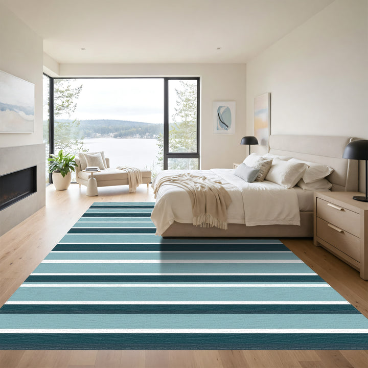 Contemporary Teal Horizontal Stripe Rug