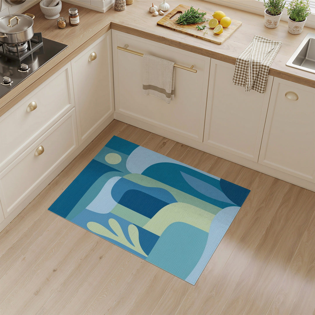 Blue Teal Abstract Washable Area Rug