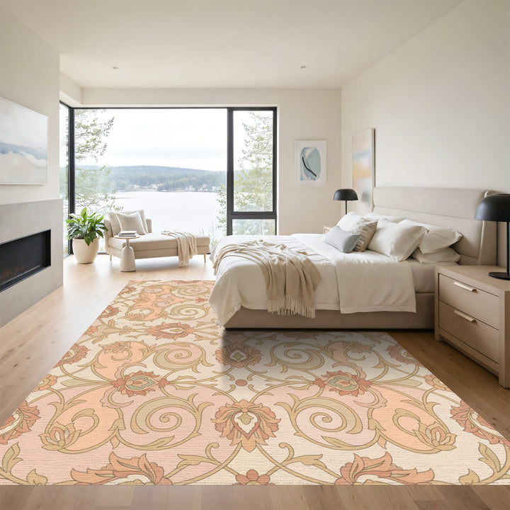 Peach And Cream Floral Scrollwork Rug