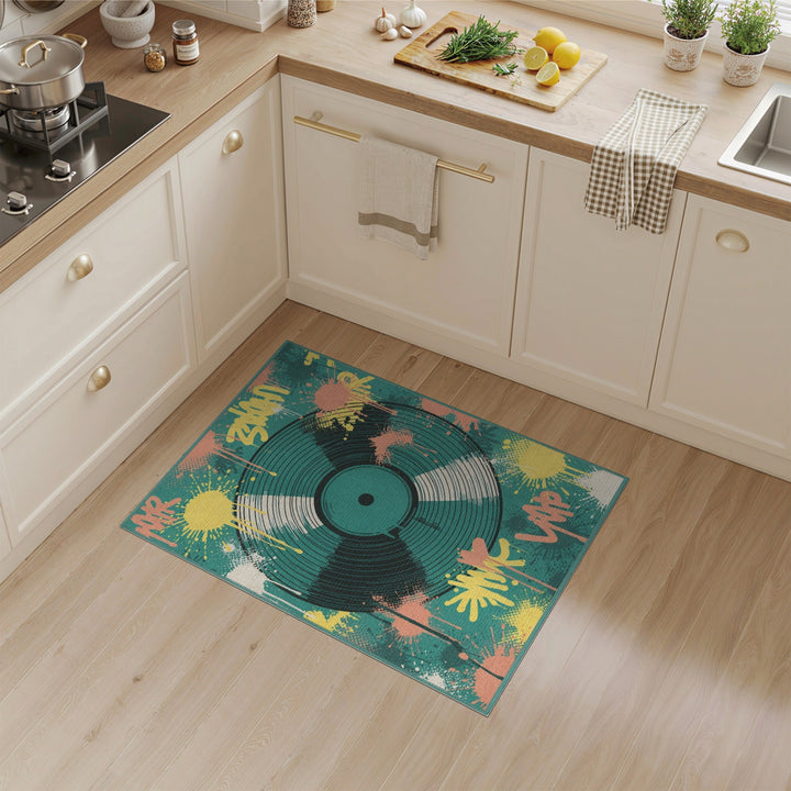 Teal Vinyl Record Graffiti Washable Area Rug