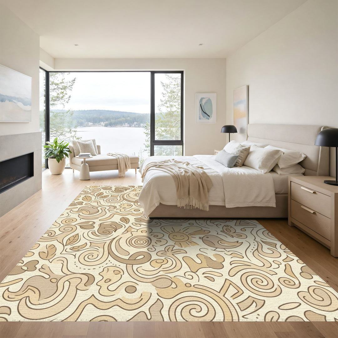 Whimsical Beige Sun Bird Butterfly Swirls Rug