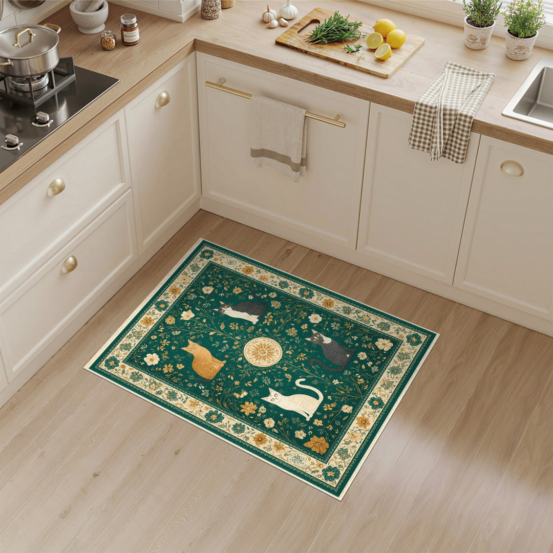Green Vintage Floral Cats Area Rug