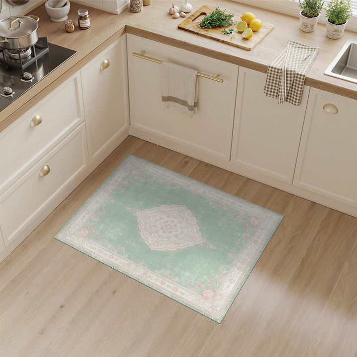 Floral Vintage Green Mint Green Pink Floral Vintage Area Rug