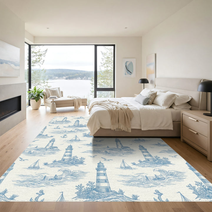 Coastal Blue Lighthouse Sailboat Scene Rug
