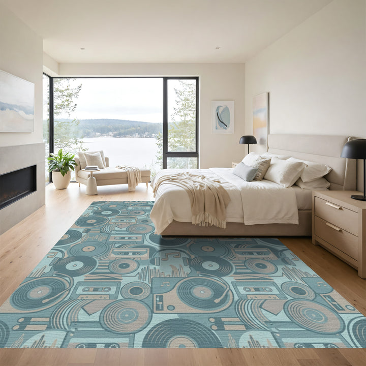 Retro Vinyl Cassette Turntable Audio Collaged Rug