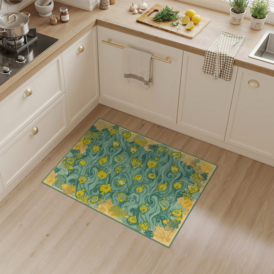Yellow Fish Teal Wave Coastal Area Rug