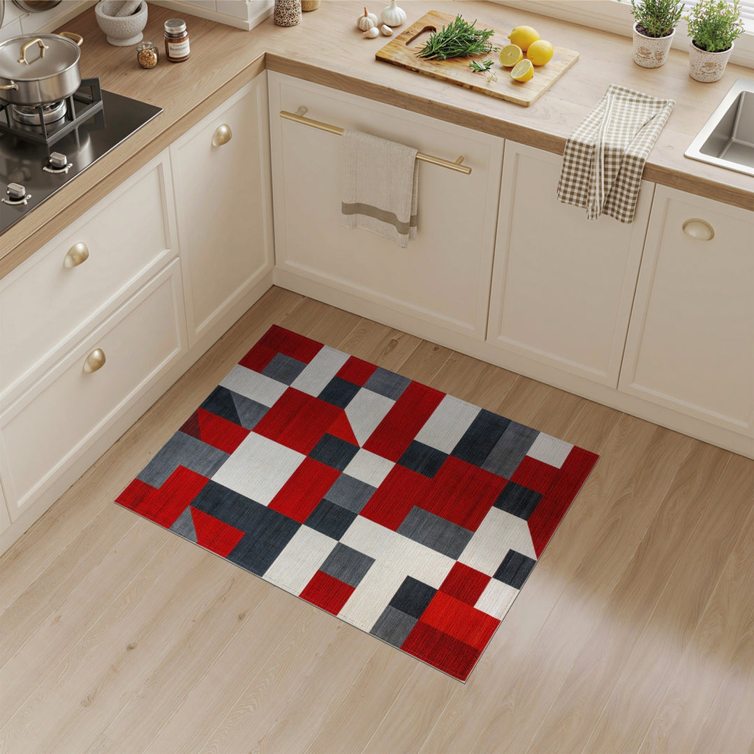 Red Geometric Block Area Rug