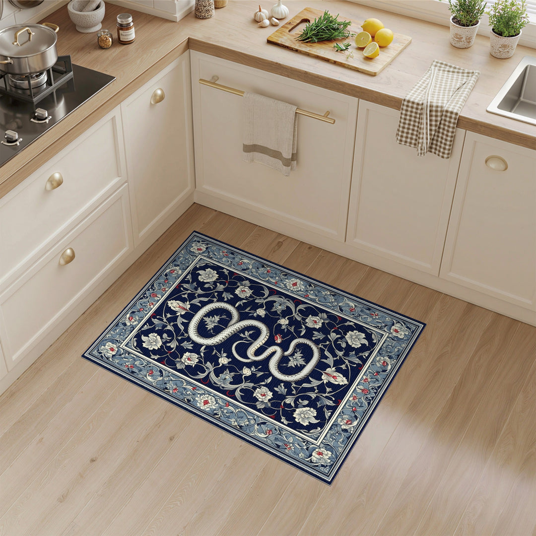 White Serpent Floral Navy Area Rug
