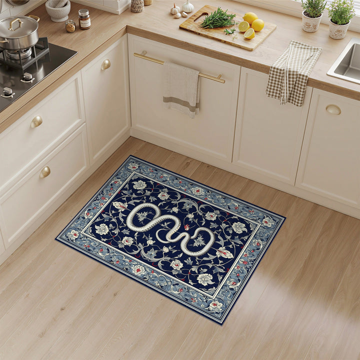 White Serpent Floral Navy Area Rug