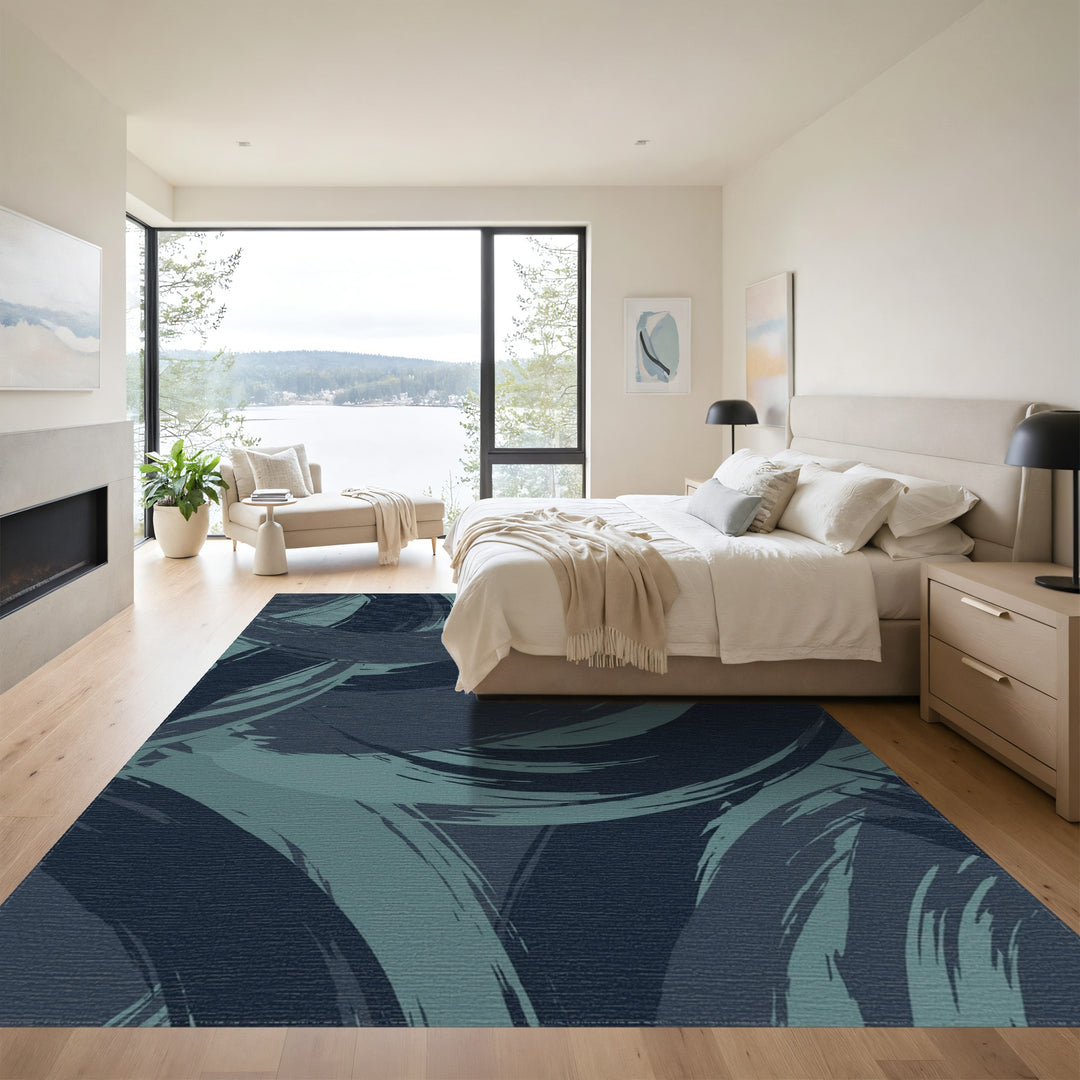 Deep Teal Brushstroke Abstract Swirls Rug