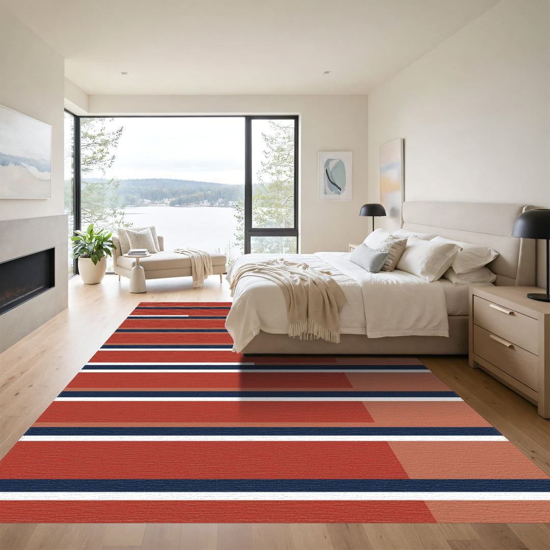 Earthy Red Navy Stripe Collage Rug