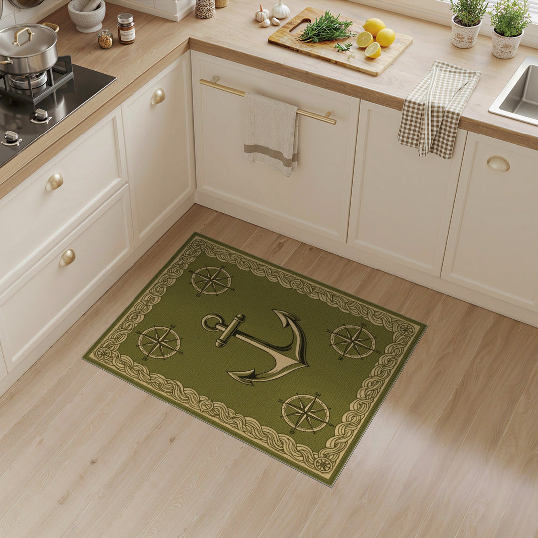 Green Nautical Anchor Area Rug