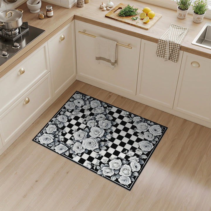 Black White Rose Checkerboard Area Rug