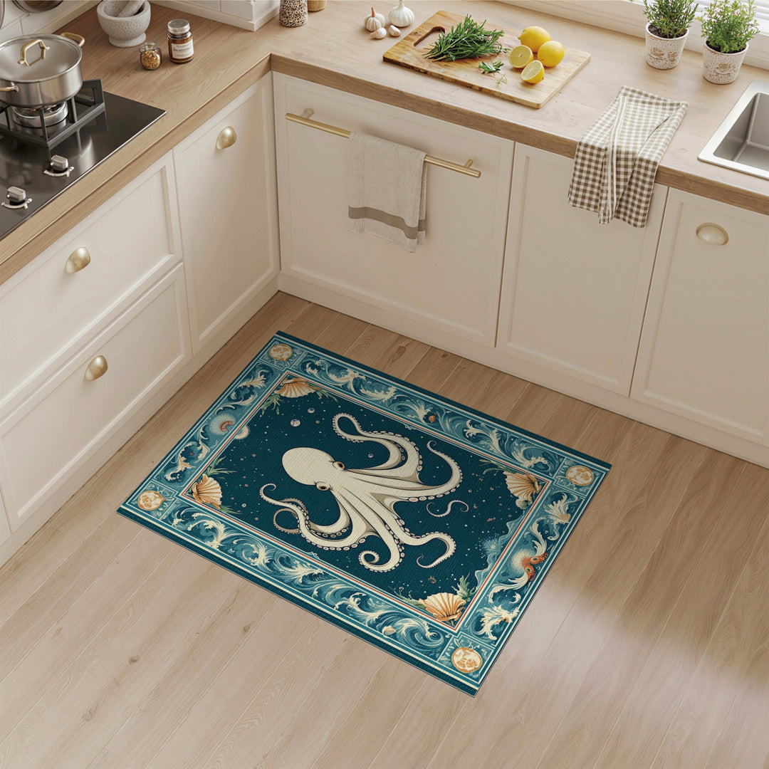 Blue Teal Octopus Coastal Area Rug