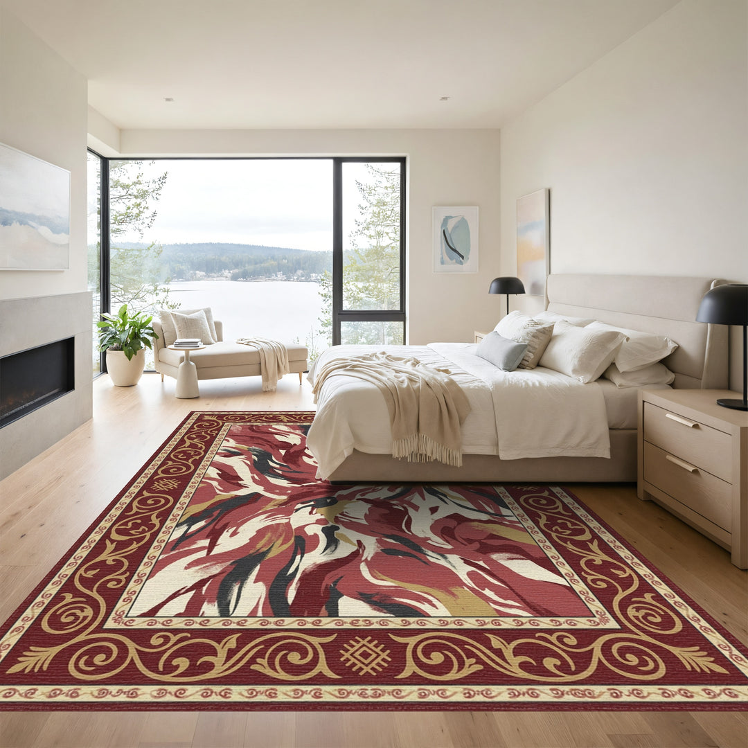 Crimson Abstract Brushstroke Border Rug