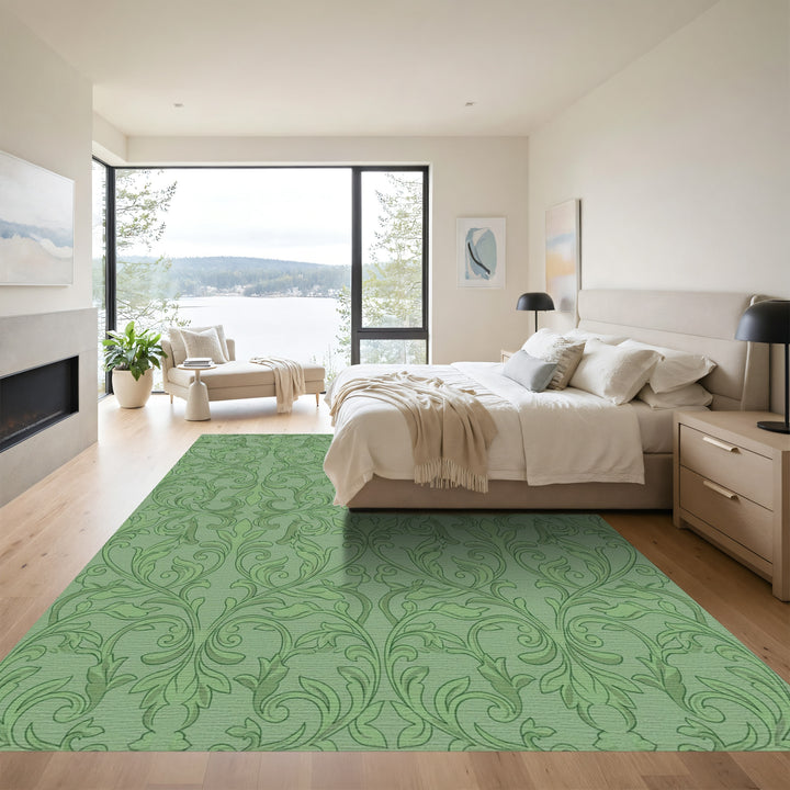 Sage Green Acanthus Leaf Damask Rug
