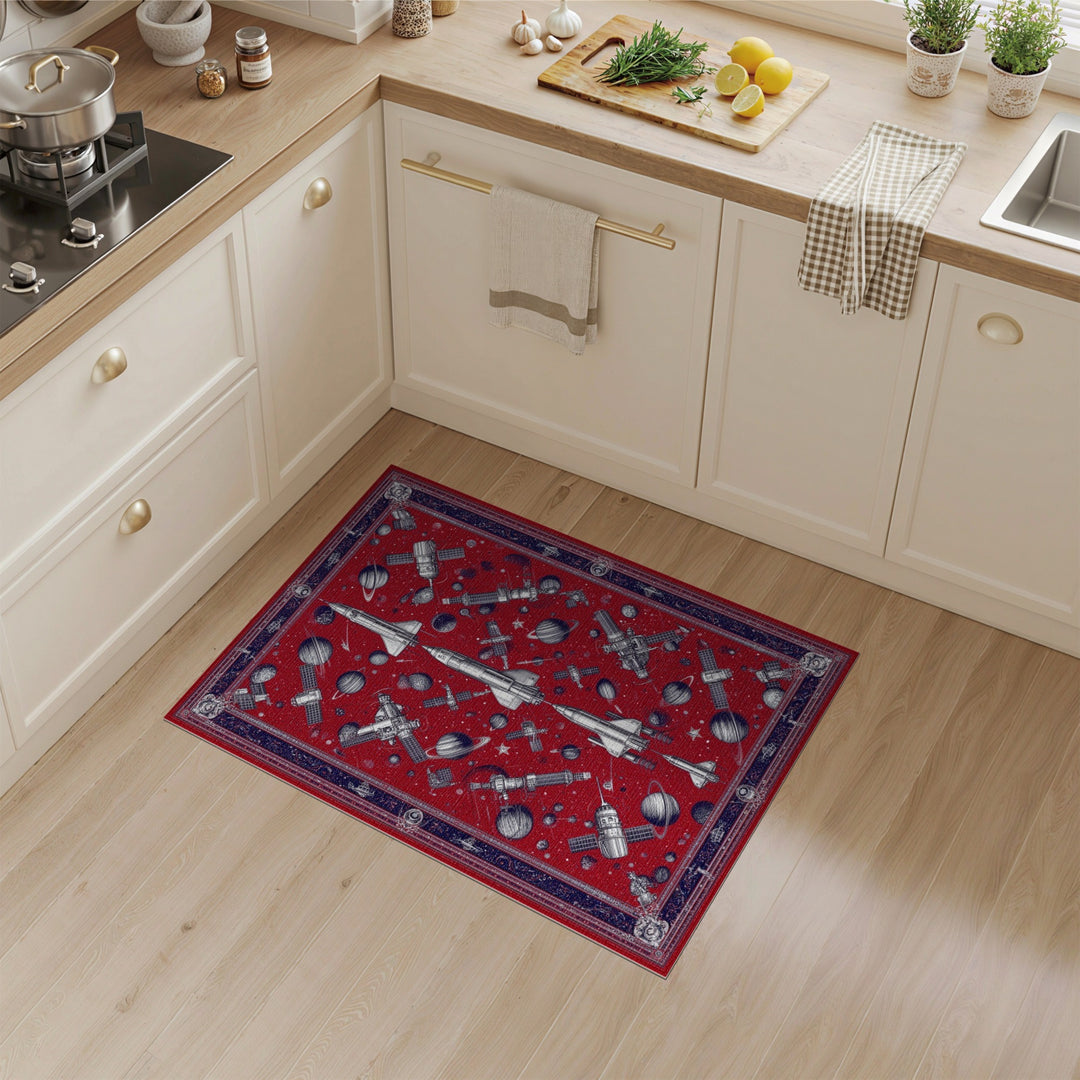 Red Space Rocket Washable Area Rug