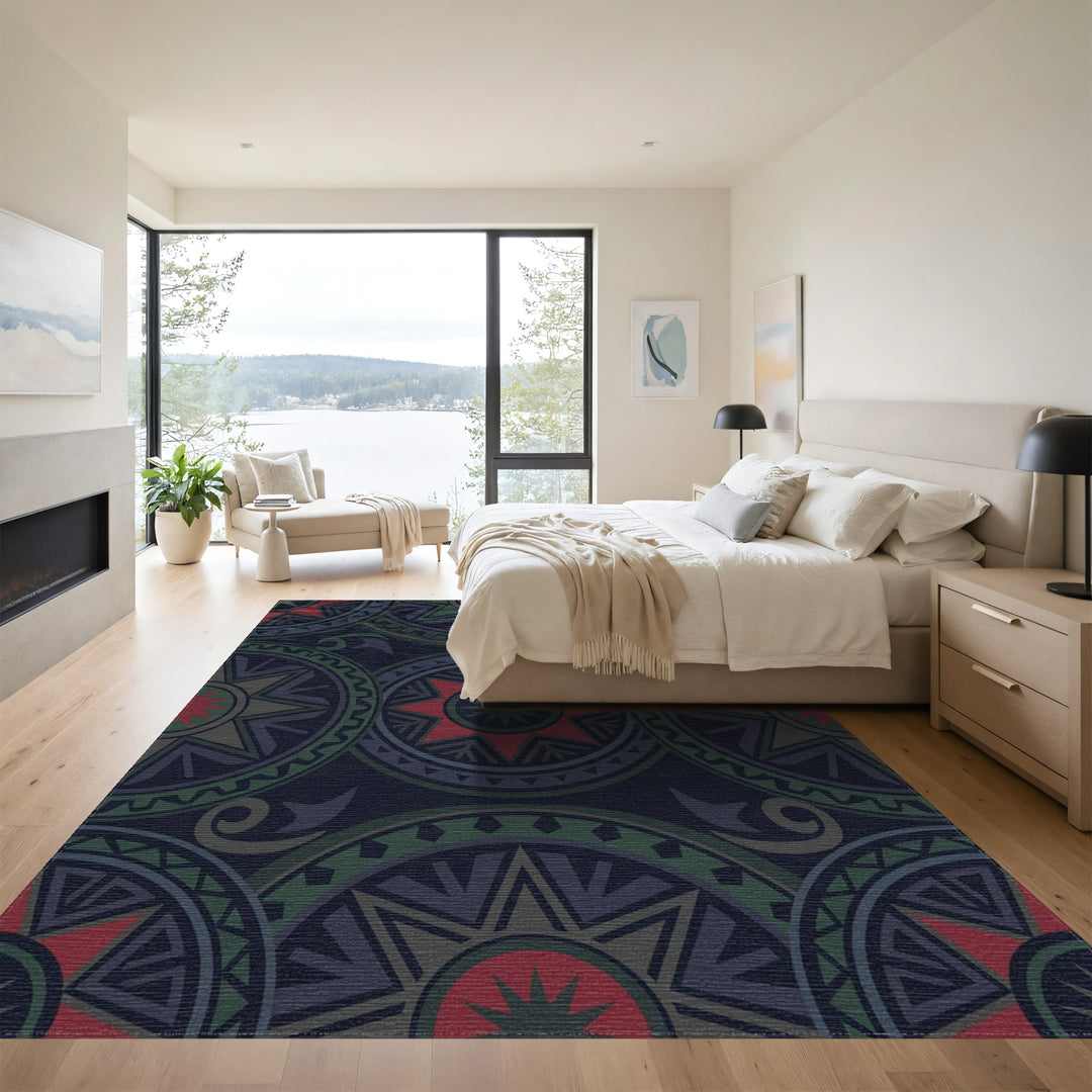 Dark Crimson Green Tribal Sunburst Medallion Rug