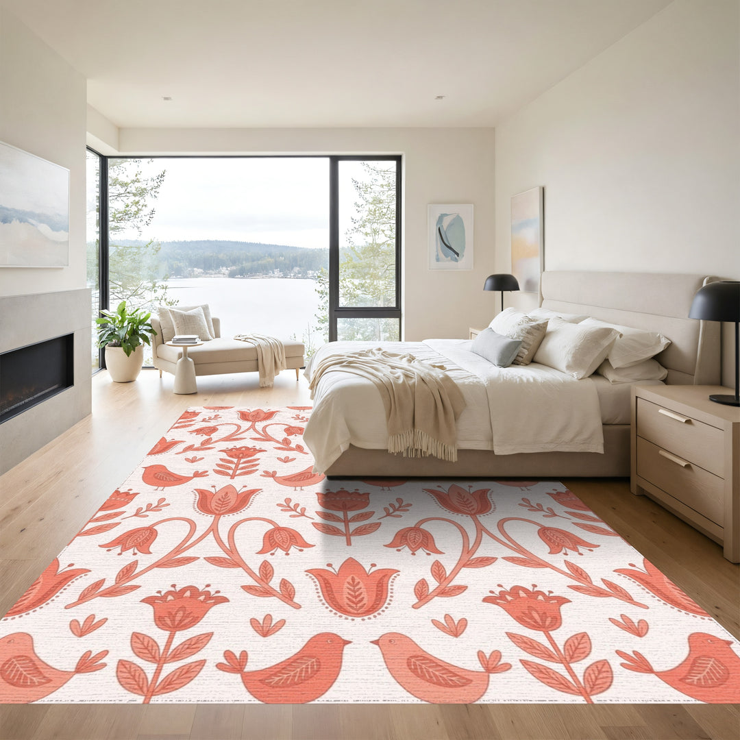 Coral Folk Floral Bird Garden Rug