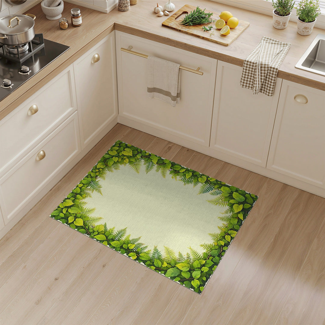 Lush Green Fern Leaf Border Area Rug