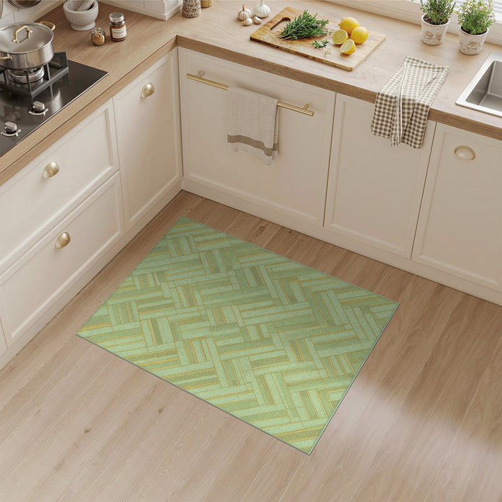 Green Geometric Area Rug with Gold Accents