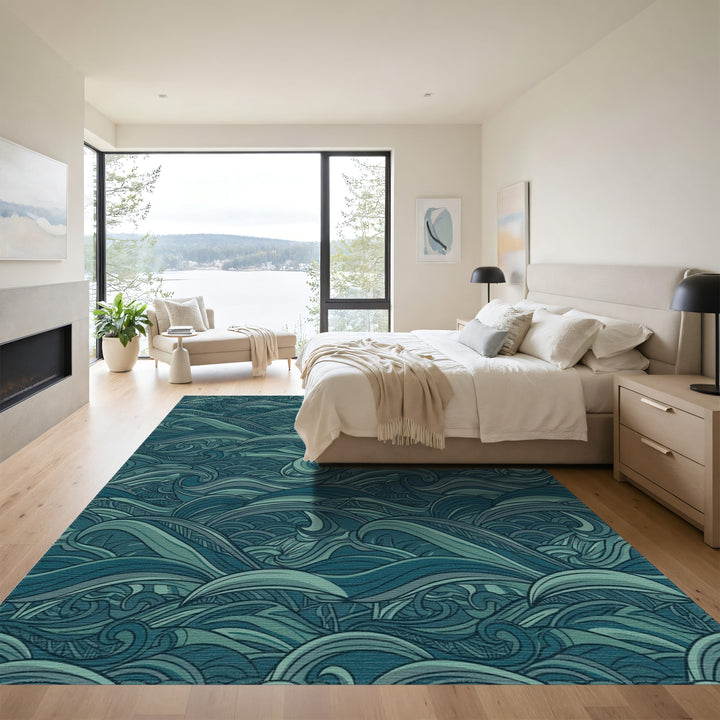Deep Teal Ocean Waves Abstract Rug