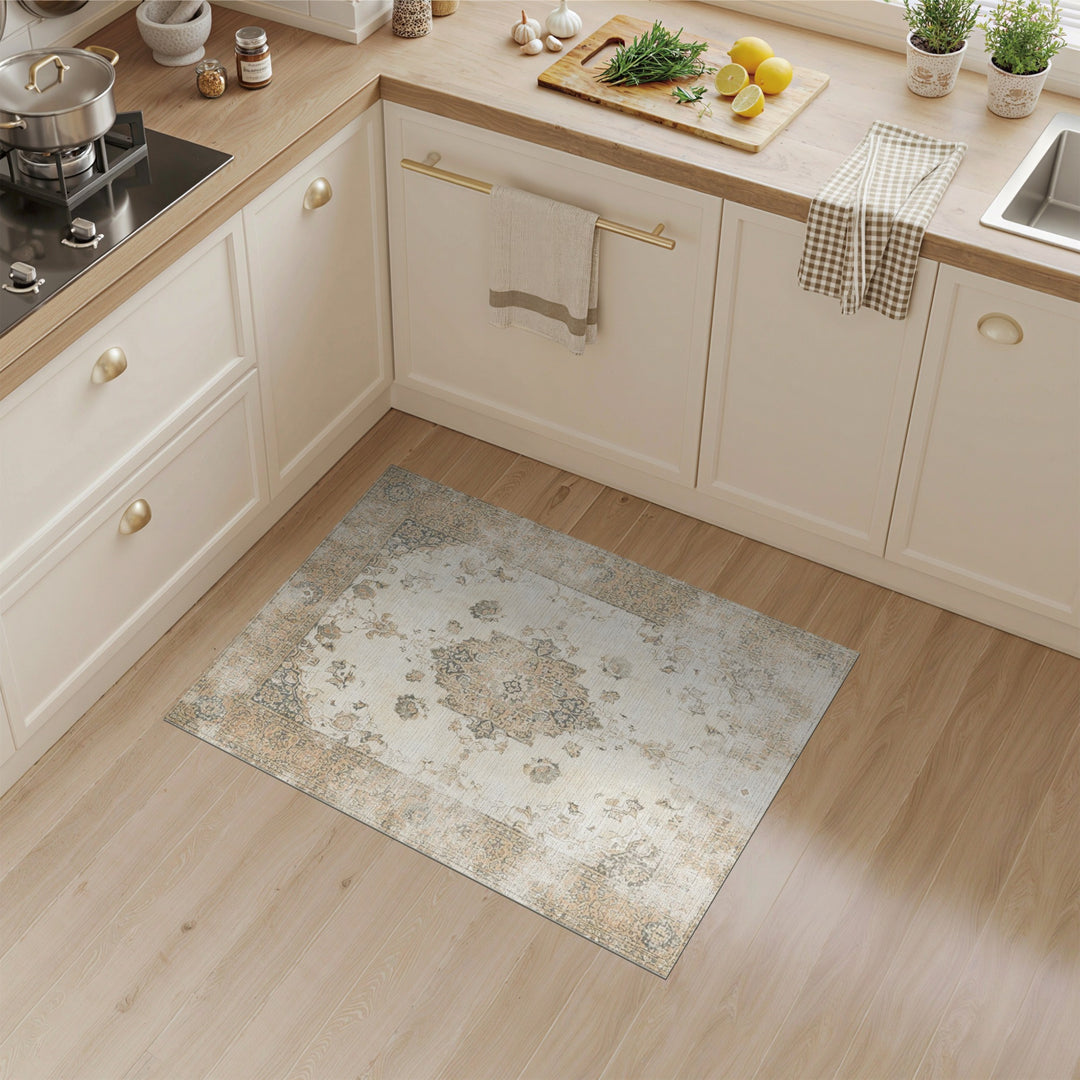 Distressed Vintage Beige Medallion Rug