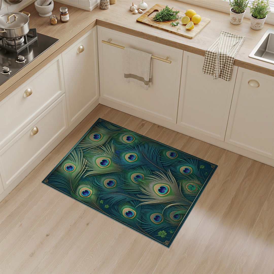 Boho Chic Peacock Feather Blue Teal Washable Area Rug