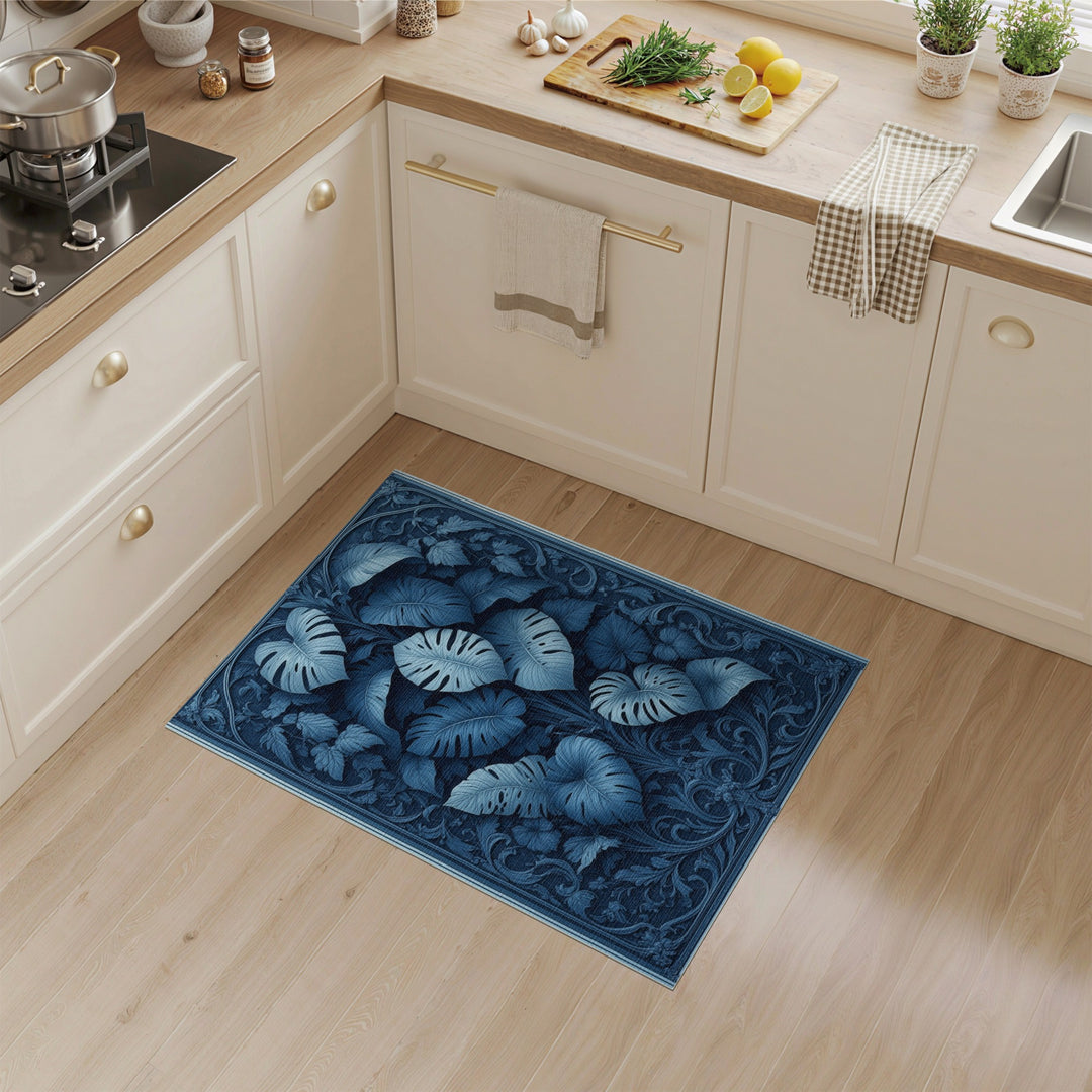 Blue Monstera Leaf Floral Vintage Area Rug