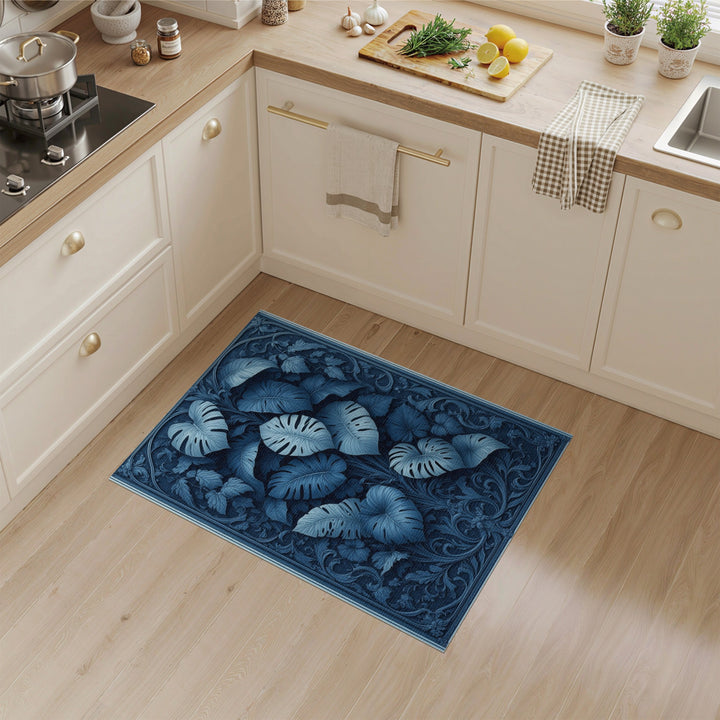 Blue Monstera Leaf Floral Vintage Area Rug