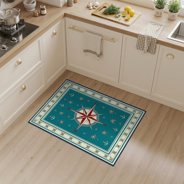 Teal Nautical Compass Area Rug
