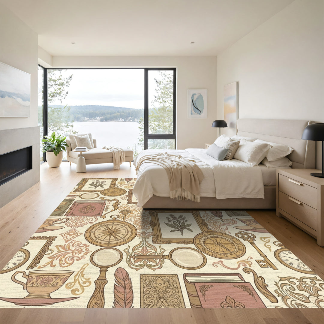 Vintage Botanical Tea Cup Compass Art Rug