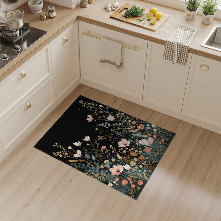Pink Floral Gold Washable Area Rug