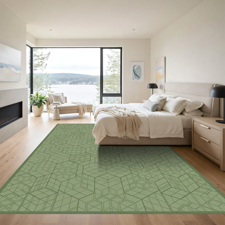 Muted Green Geometric Cube Tessellation Rug