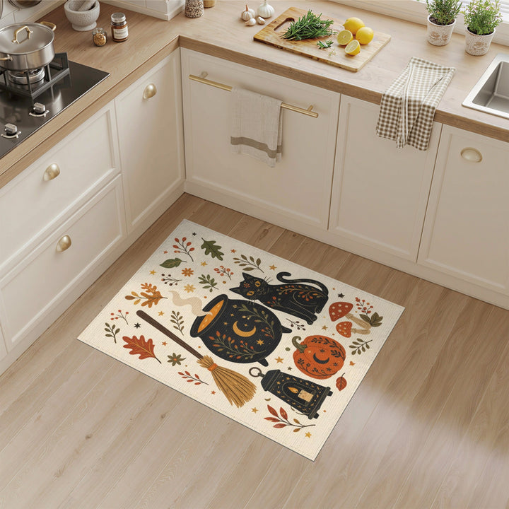 Whimsical Black Cat Cauldron Halloween Area Rug