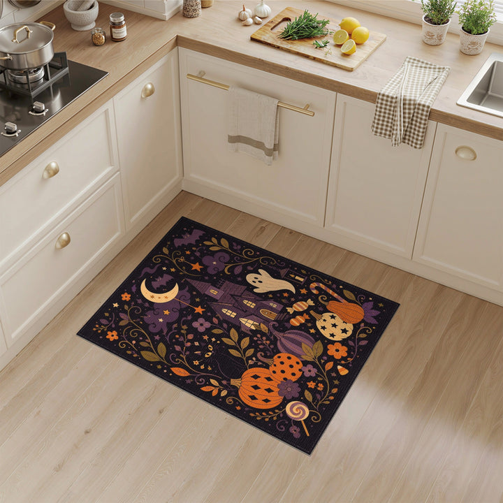 Multi-color and Patterns Kids Cartoon Spooky Halloween Haunted House Area Rug