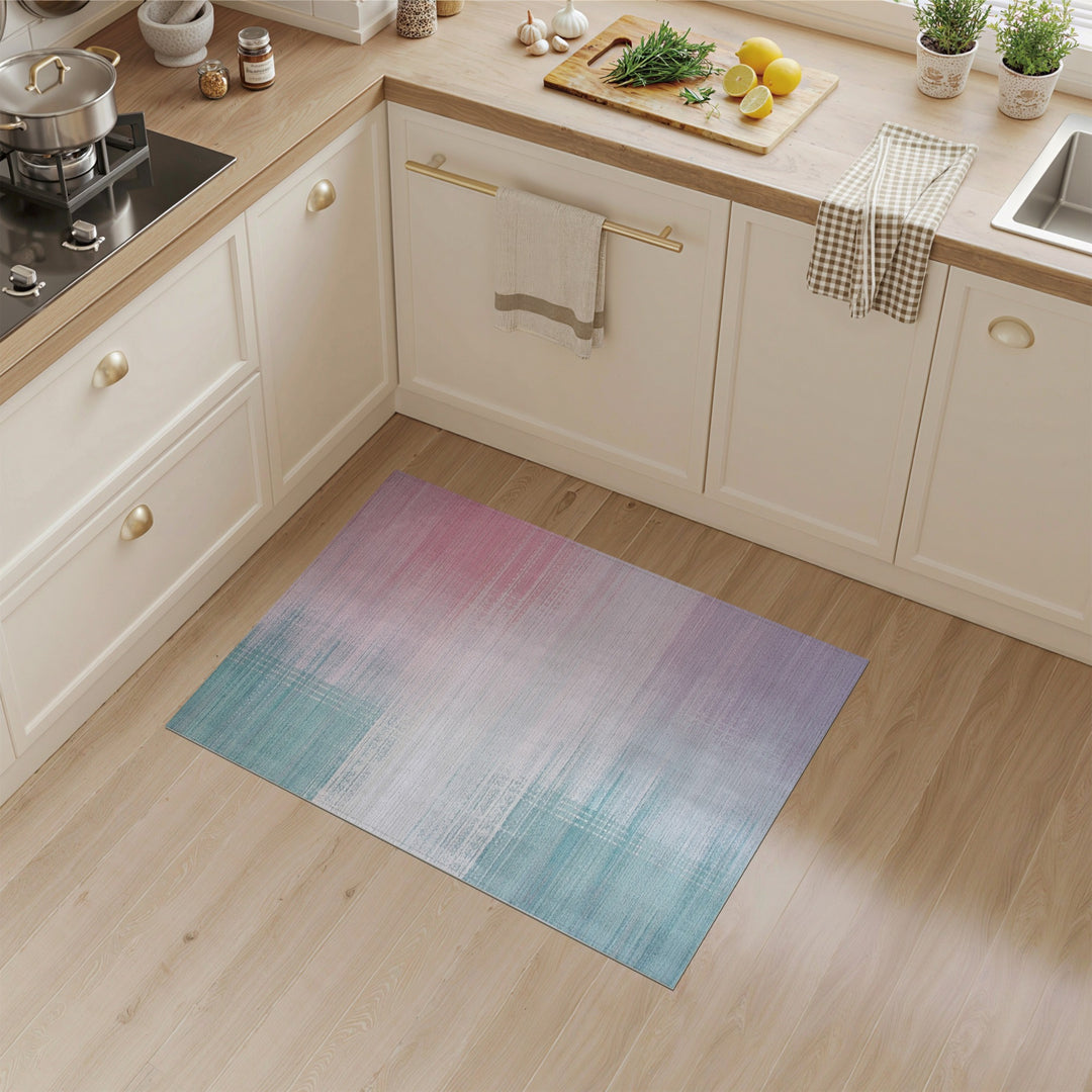 Pastel Teal Pink Plaid Distressed Area Rug
