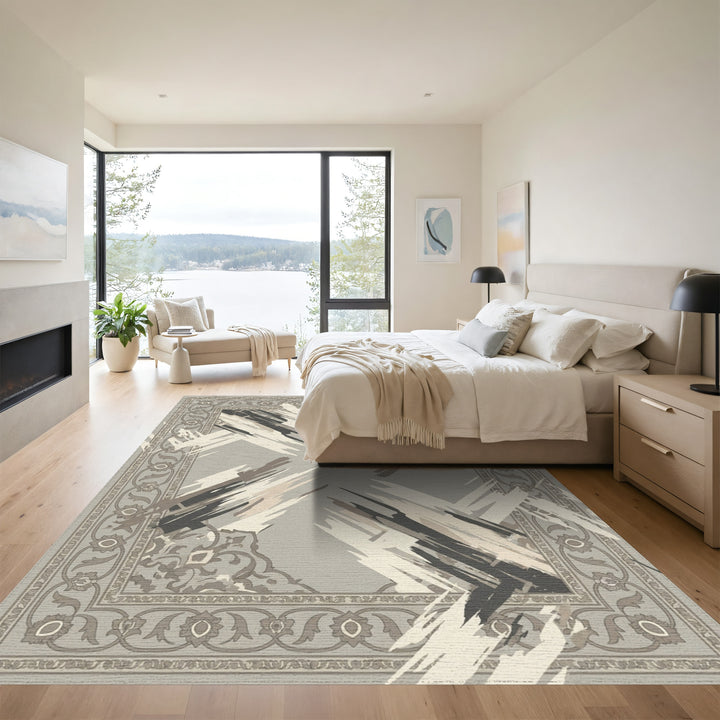 Neutral Abstract Brushstroke Medallion Rug