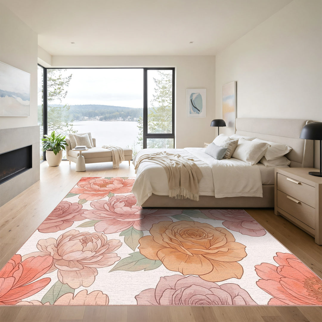 Soft Peach Rose Peony Watercolor Blend Rug