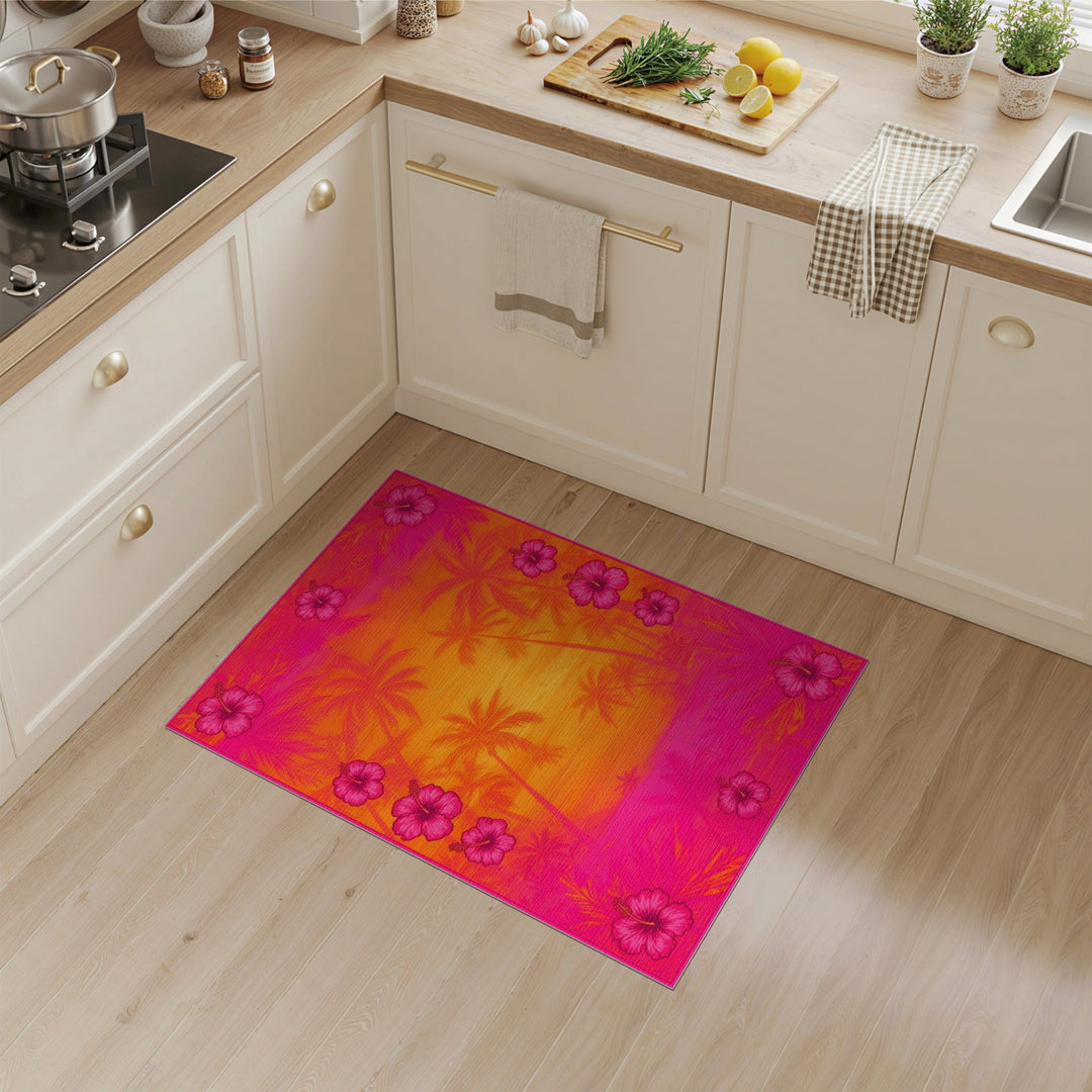 Pink Hibiscus Sunset Palm Area Rug