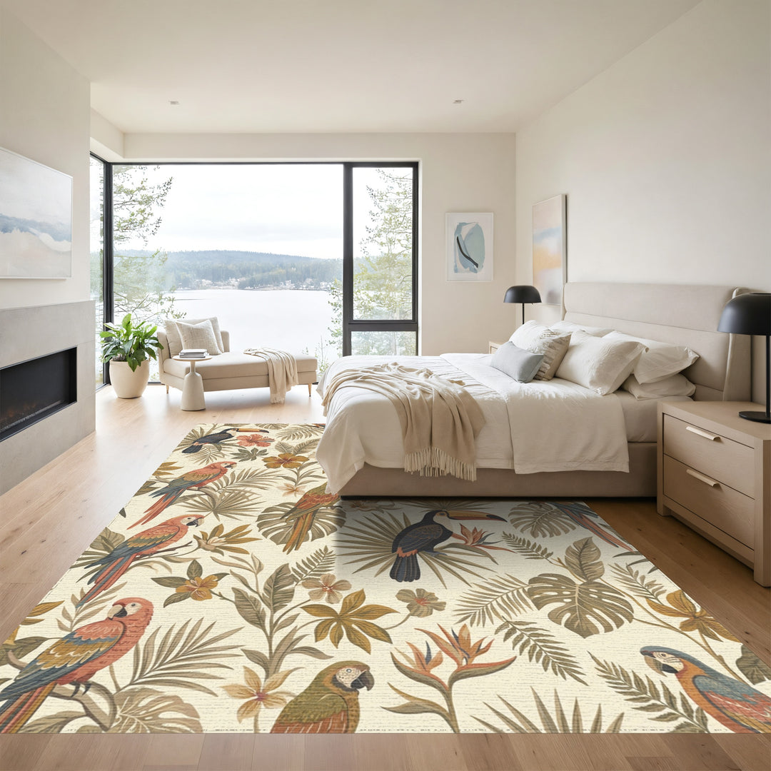 Earthy Tropical Toucan Parrot Foliage Rug