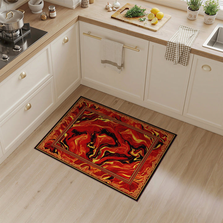 Red Abstract Marble Area Rug with Gold Border