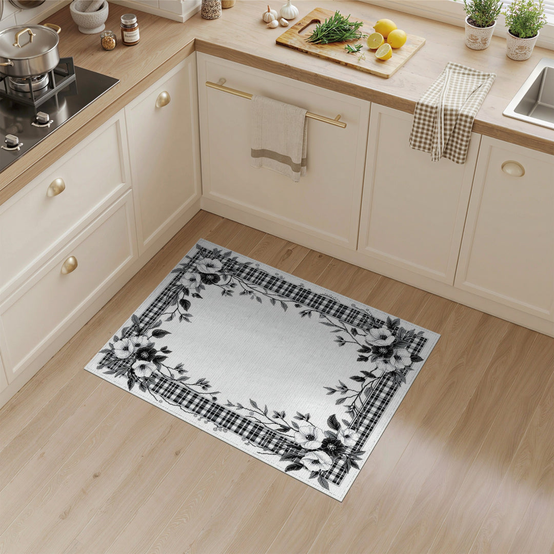 Black White Floral Vintage Plaid Area Rug