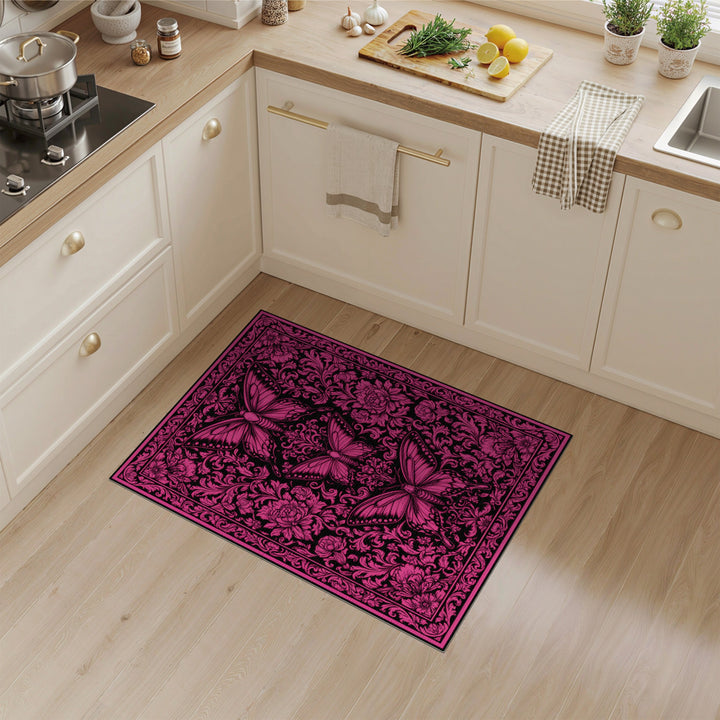 Pink Butterfly Floral Vintage Area Rug