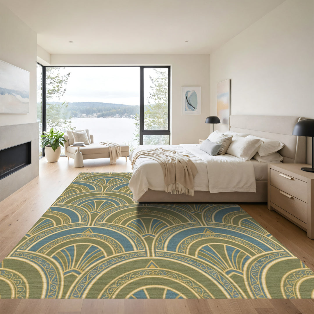 Art Deco Teal Ochre Fan Rug