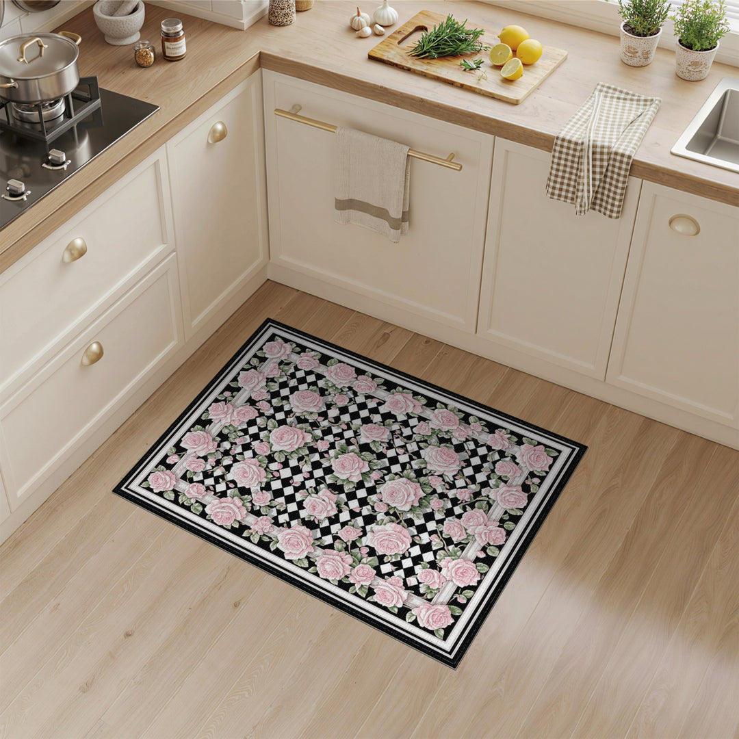 Pink Rose Trellis Checkered Area Rug