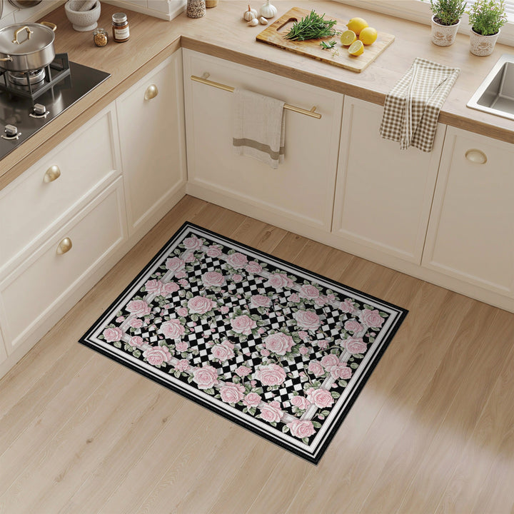 Pink Rose Trellis Checkered Area Rug