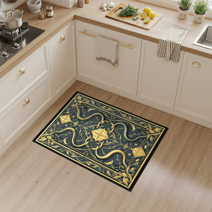 Golden Serpents Floral Navy Area Rug
